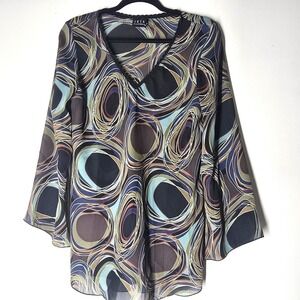 Y2K Sheer Abstract Bell Sleeve Tunic Top Womens L‎ Indie Boho